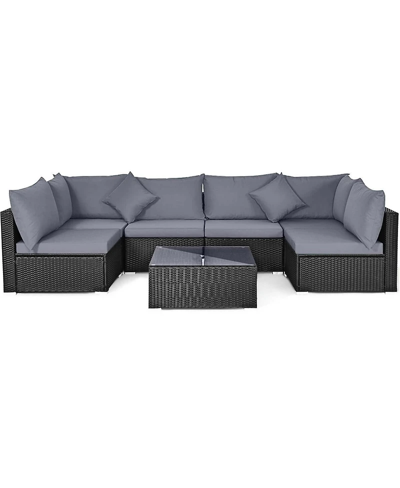 Gymax Set of 7 Rattan Sofa Sectional Conversation Furniture Patio