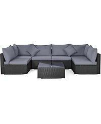 Gymax Set of 7 Rattan Sofa Sectional Conversation Furniture Patio