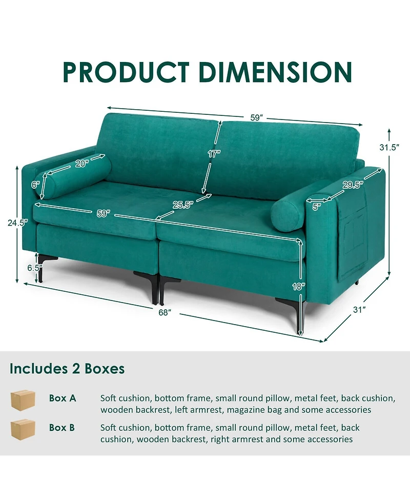 Modular 2-Seat L-Shaped Sectional Sofa Couch with Socket Usb Port