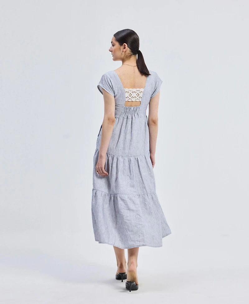 Reistor Women's Gathered Tiered Dress with Front-ties - Linen stripes