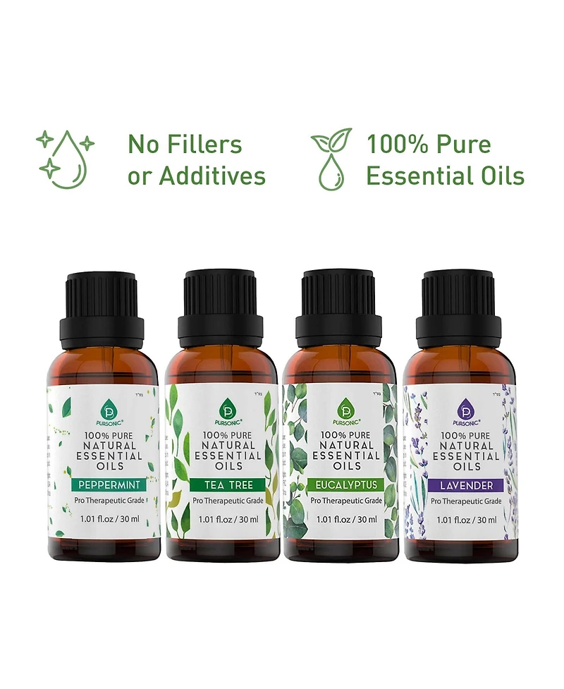 Pursonic 4-Pack Pure & Natural Essential Oils Collection – Eucalyptus, Lavender, Tea Tree, and Peppermint