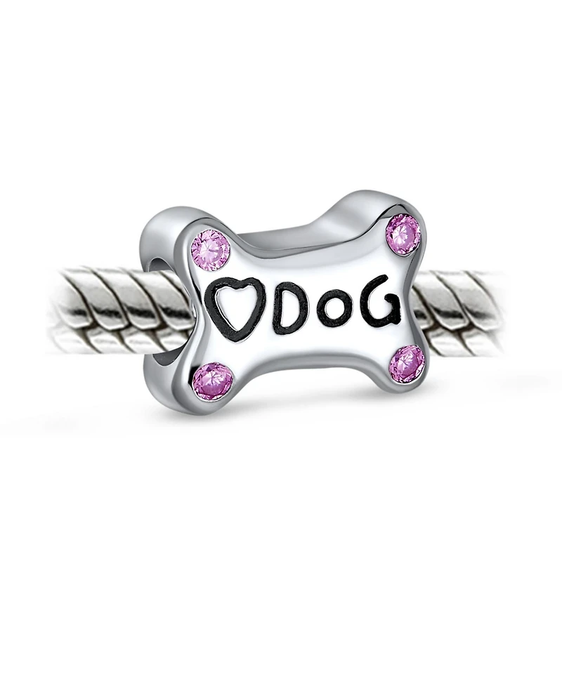 Bling Jewelry Sterling Silver Dog Bone Pink Cz Heart Charm Bead Bracelet Puppy Pet Theme