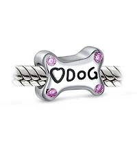 Bling Jewelry Sterling Silver Dog Bone Pink Cz Heart Charm Bead Bracelet Puppy Pet Theme