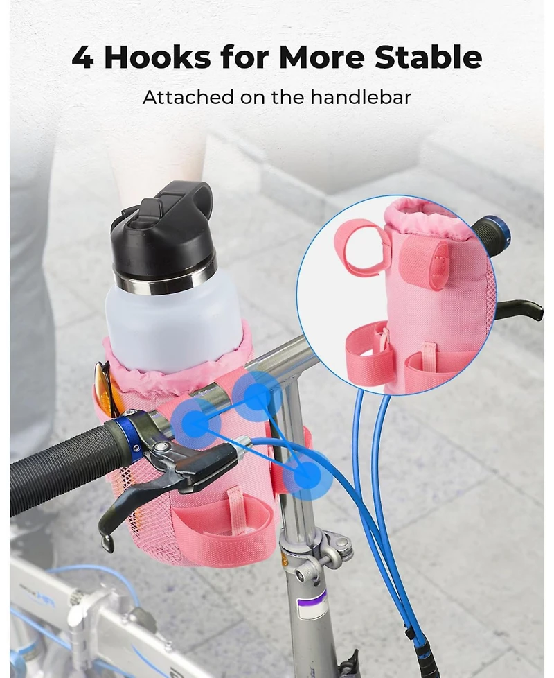 Kemimoto Bike Cup Holder, Pink Bicycle Water Bottle Holder for Bike Handlebar, Bike Drink Holder with Mesh Pockets Phone Bag, Compatible with Road Bik