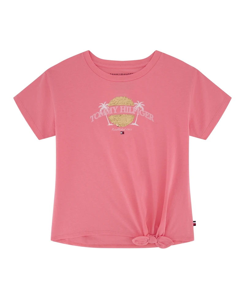Tommy Hilfiger Big Girls Palm Sequin Side Tie Short Sleeve T-Shirt