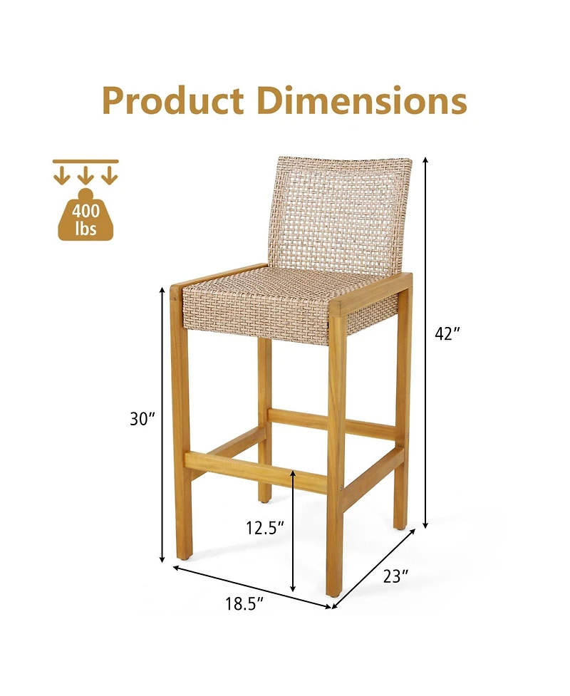 Set of 4 Patio Wood Barstools Rattan Bar Height Chairs with Backrest Porch Balcony