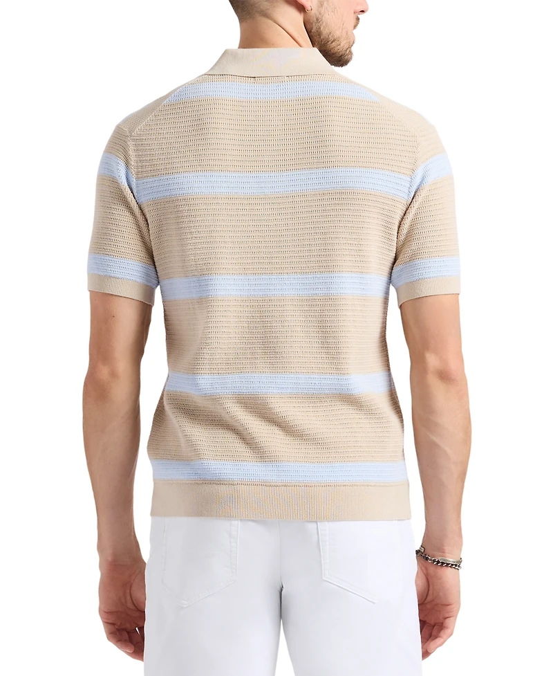 Men's Winder Short Sleeve Textured Striped Polo Sweater