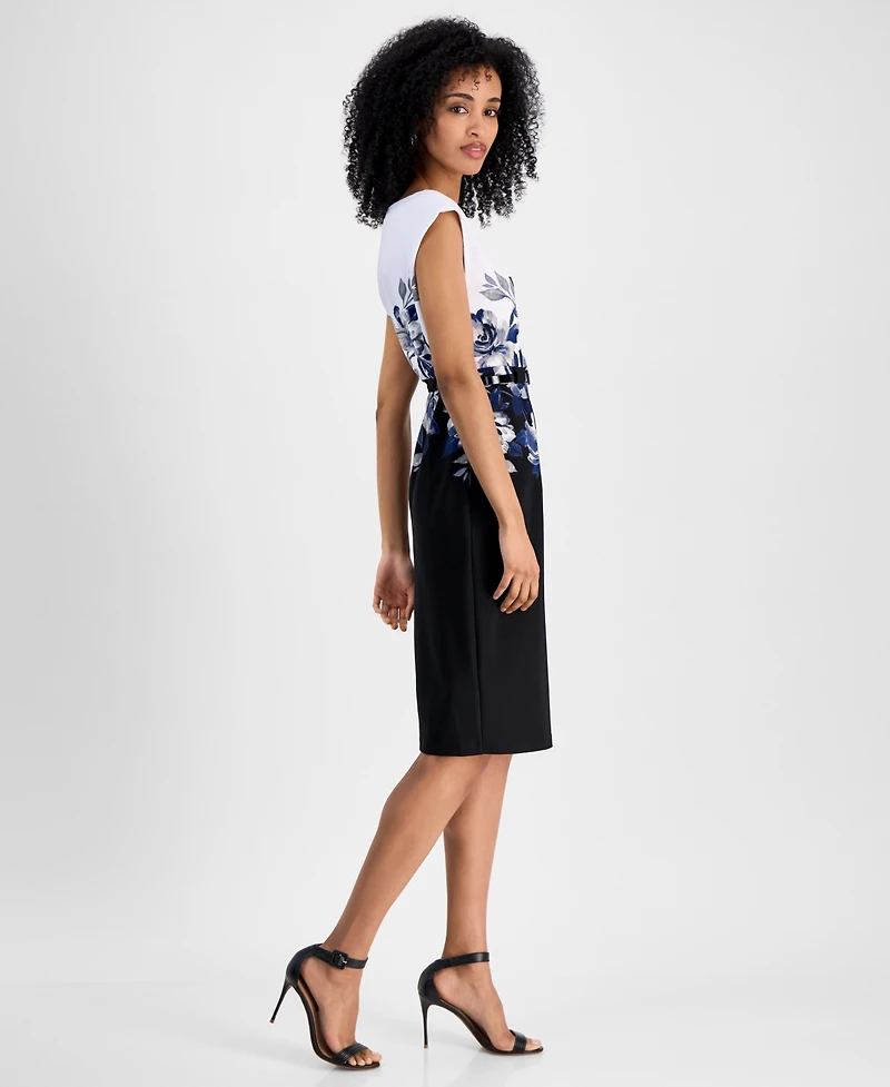 Connected Petite Jewel-Neck Printed Scuba Sheath Dress