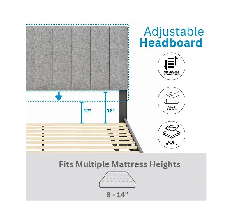 Leah Linen Upholstered Platform Bed Frame with Adjustable Headboard - Boyd Sleep, 13 slat support