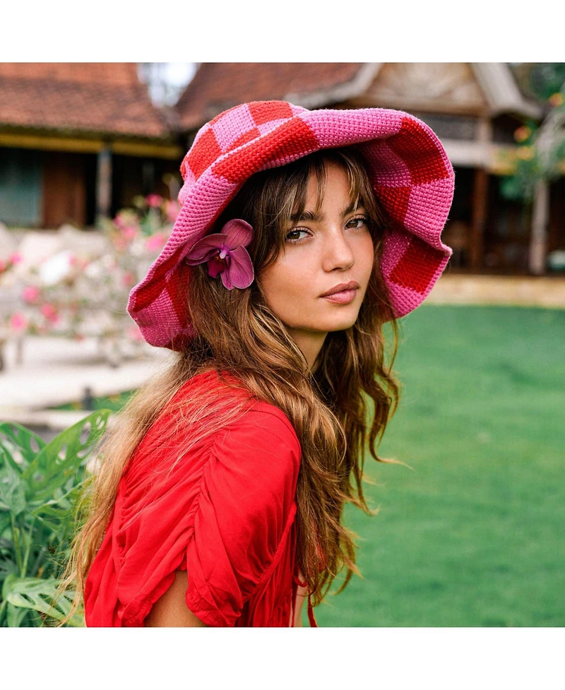 Brunna.co Shilo Checkered Crochet Hat In Red & Pink