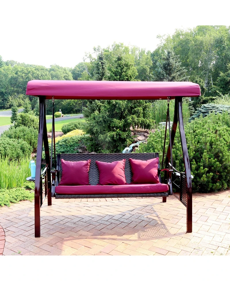3-Person Outdoor Patio Swing with Adjustable Canopy Shade, Foldable Side Tables, Cushions and Pillow, Merlot