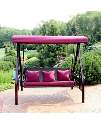 3-Person Outdoor Patio Swing with Adjustable Canopy Shade, Foldable Side Tables, Cushions and Pillow, Merlot
