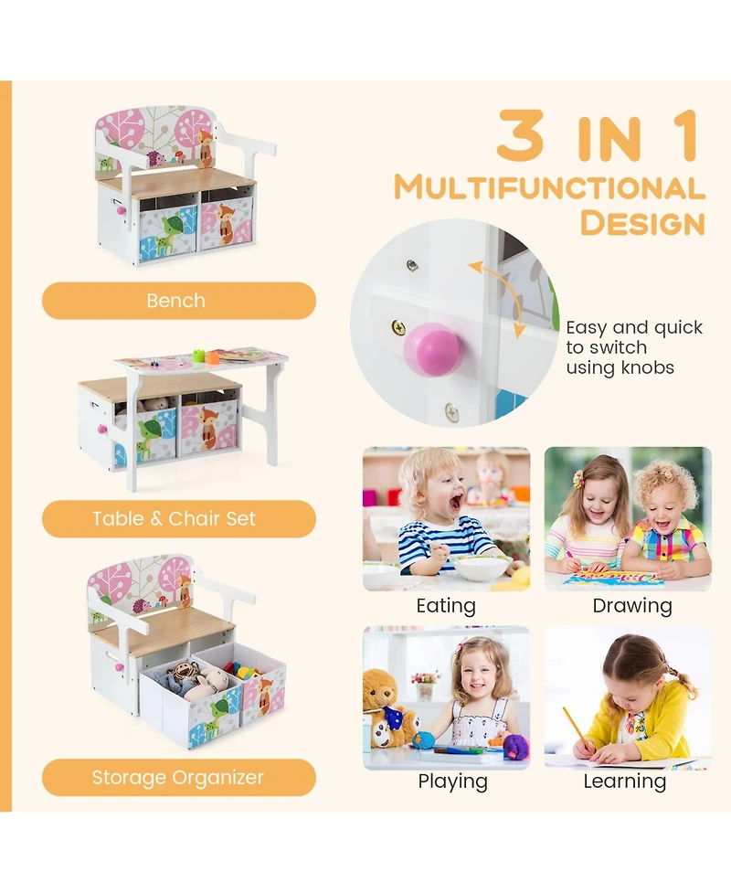 3 in 1 Kids Convertible Activity Bench with 2 Removable Fabric Bins