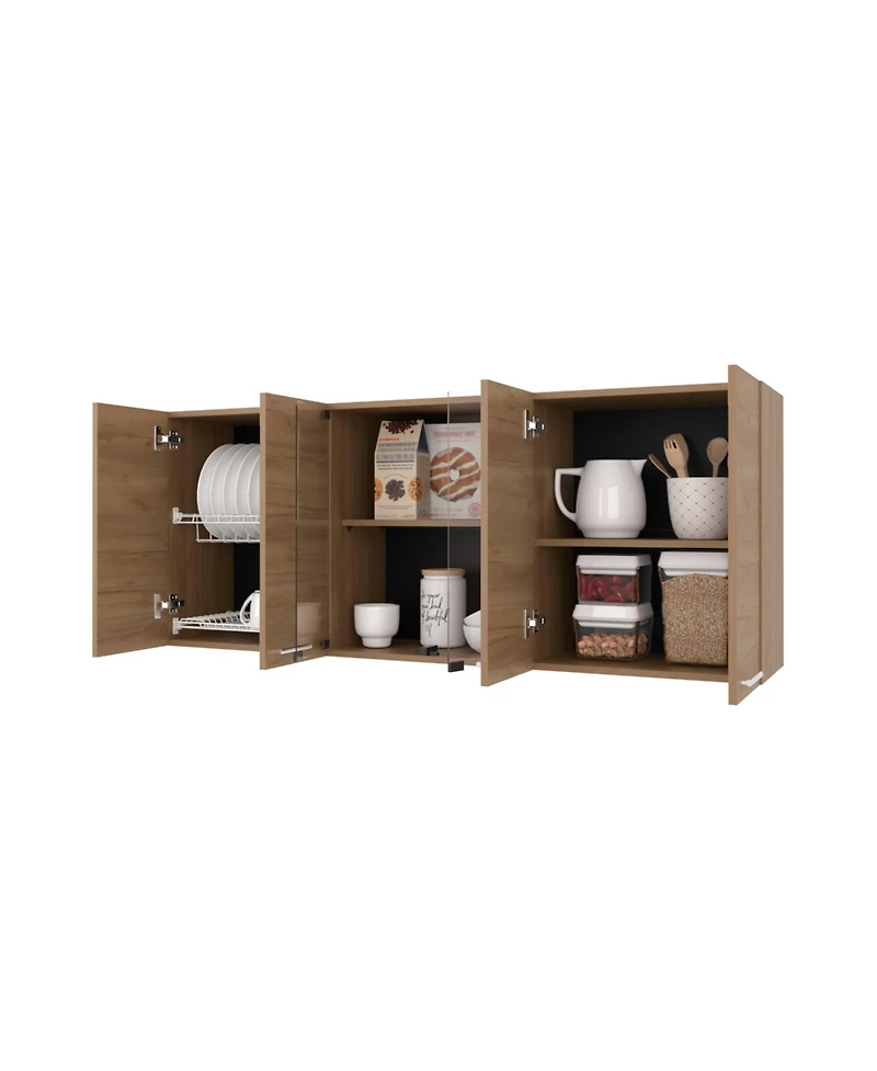 Fm Furniture Lydia Wall Cabinet kitchen in Melamine wit 4 Doors and Glass Storage, Natural Oak