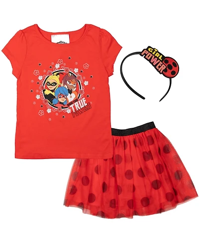 Miraculous Girls Ladybug Rena Rouge Queen Bee T-Shirt, Skirt and Satin Headband 3 Piece Outfit Set to