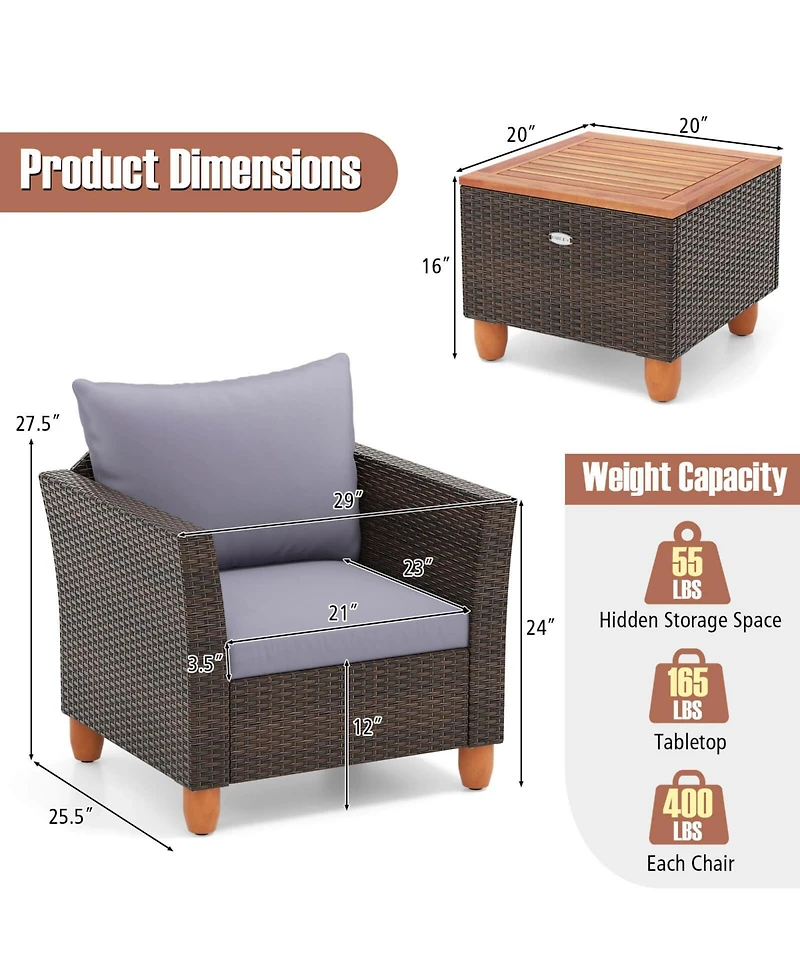 Gymax Set of 3 Rattan Bistro Furniture Set Wooden Table Top Cushioned Sofa Patio