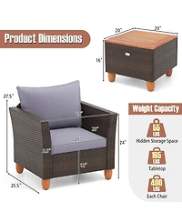 Gymax Set of 3 Rattan Bistro Furniture Set Wooden Table Top Cushioned Sofa Patio