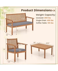 Gymax 4PCS Wood Furniture Set w/ Loveseat 2 Chairs & Coffee Table for Porch Patio