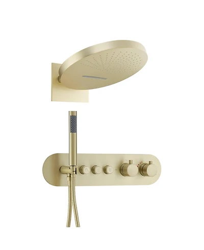 16-inch Thermostatic Shower System 2-Function Wall Mounted All-Copper Set with Rainfall & Waterfall Modes 59" Hose Ergonomic Handheld, Brushe