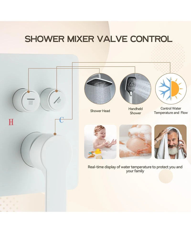 2-Function Shower System, Wall Mounted 10" Rain Shower Head, High-Pressure Luxury Shower Faucet Set with Temperature Display, Matte White