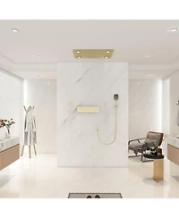 5-Function Luxury Thermostatic Shower System with Body Jets, Led Lights, Rainfall Head, and Handheld Spray, Brushed Gold