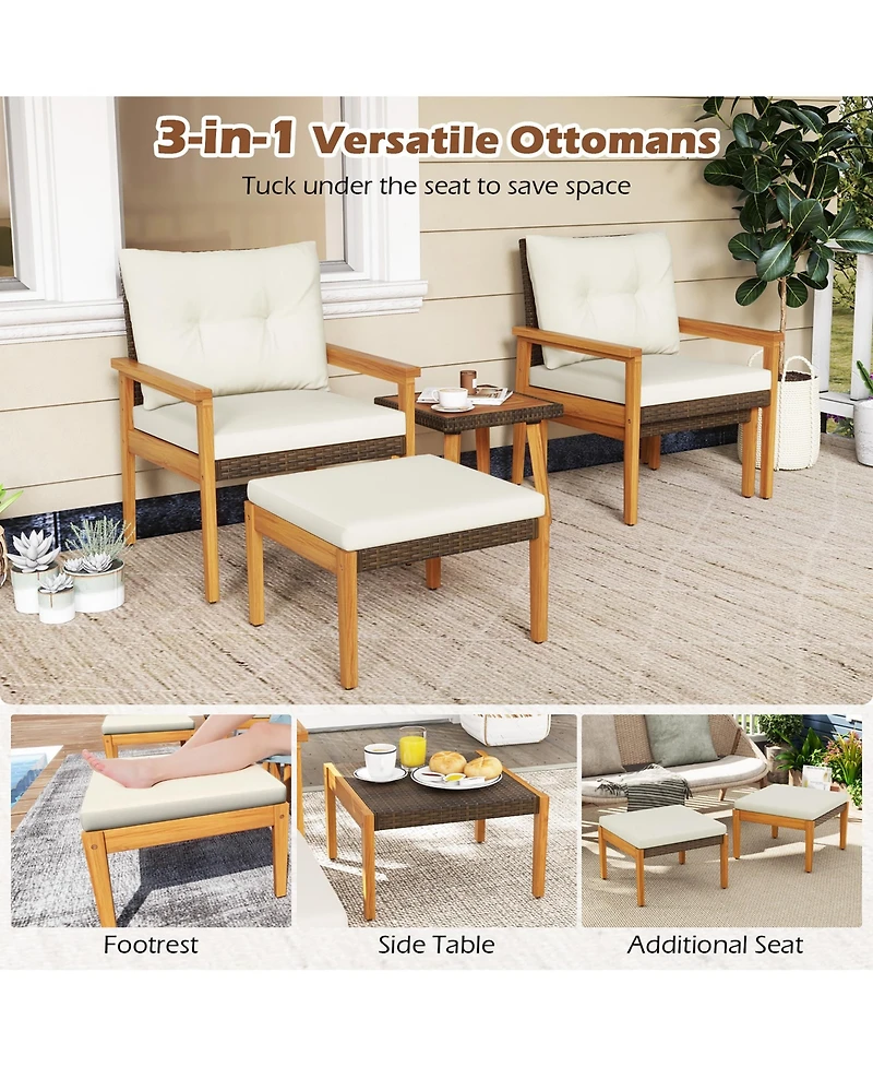 Gymax 5 Piece Rattan Furniture Set Wood Frame Chairs & Ottomans w/ Square Coffee Table