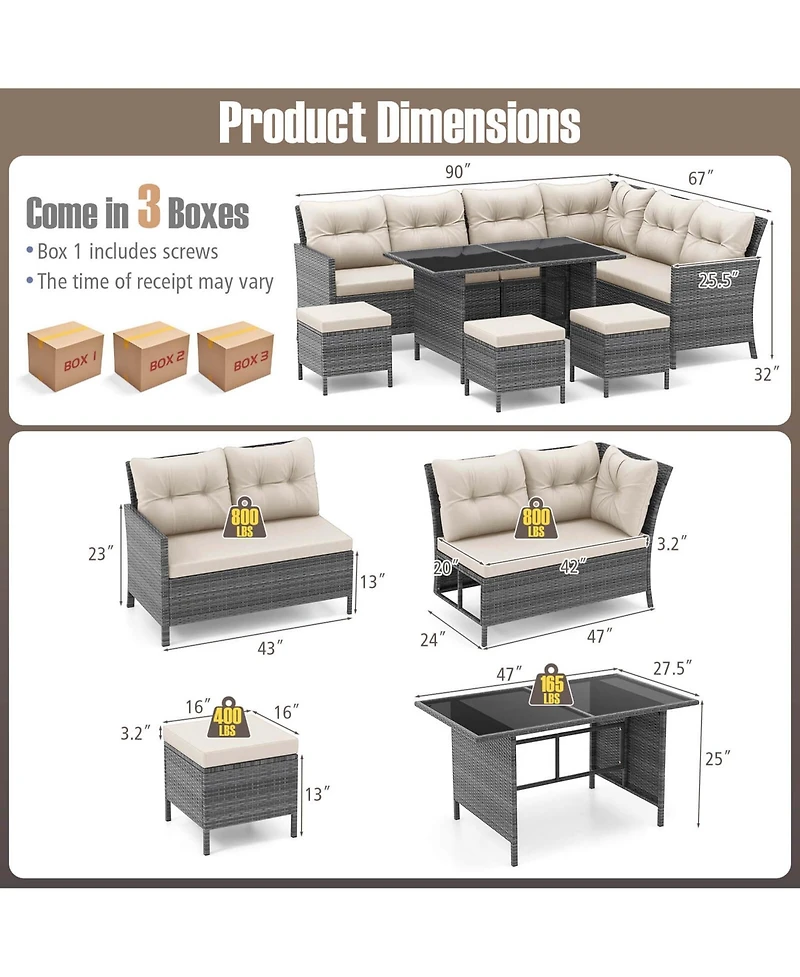 Gymax Set of 7 Dining Furniture Set Pe Rattan Sectional Sofa Set Patio