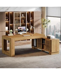 Tribesigns 63-Inch L Shaped Executive Desk with Storage Cabinets and 2-Tier Shelf, Simple Modern Business Furniture Large Computer Writing Table Works