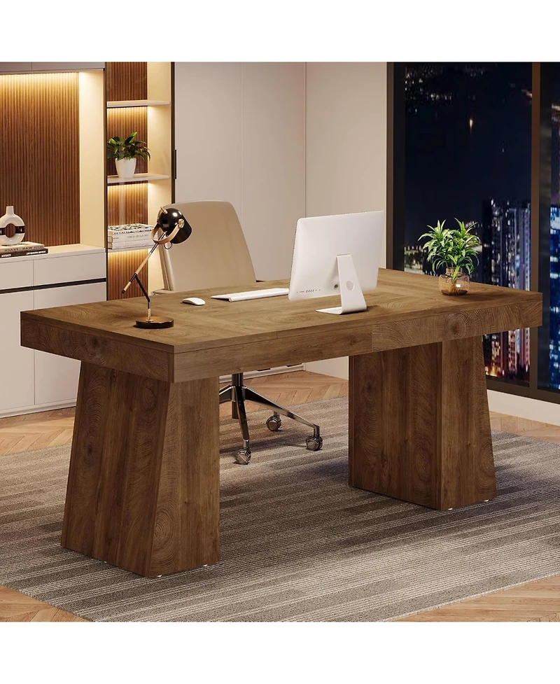 Tribesigns 55 Inches Executive Desk, Mid-Century Modern Home Office Desk with Double Trapezoid Base, Wood Computer Desk Business Workstation Desk