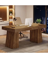 Tribesigns 55 Inches Executive Desk, Mid-Century Modern Home Office Desk with Double Trapezoid Base, Wood Computer Desk Business Workstation Desk