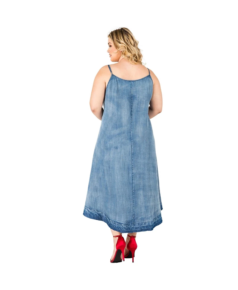 Plus Women's Denim Tencel Raw Hem Midi Slip Dress