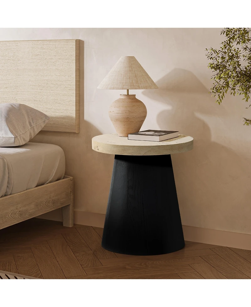 LuxenHome Light Wood Finish Top with Black Base Manufactured Wood Round Side Table