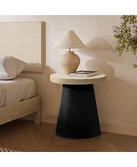 LuxenHome Light Wood Finish Top with Black Base Manufactured Wood Round Side Table