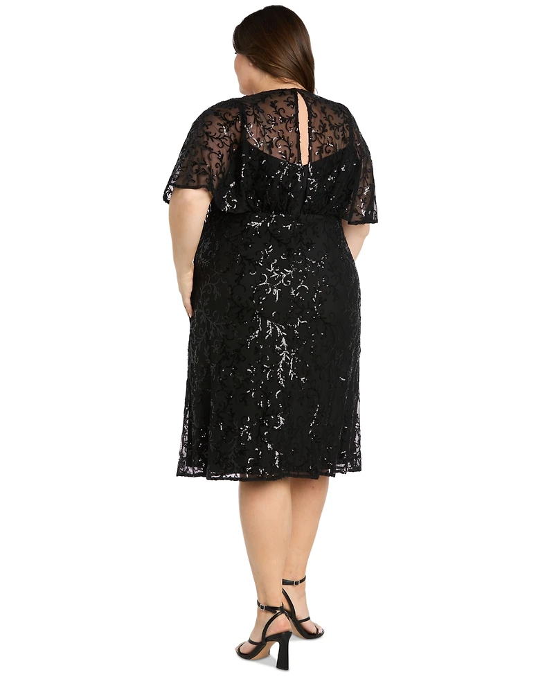 R & M Richards Plus Cape-Sleeve Sequin Empire-Waist Dress