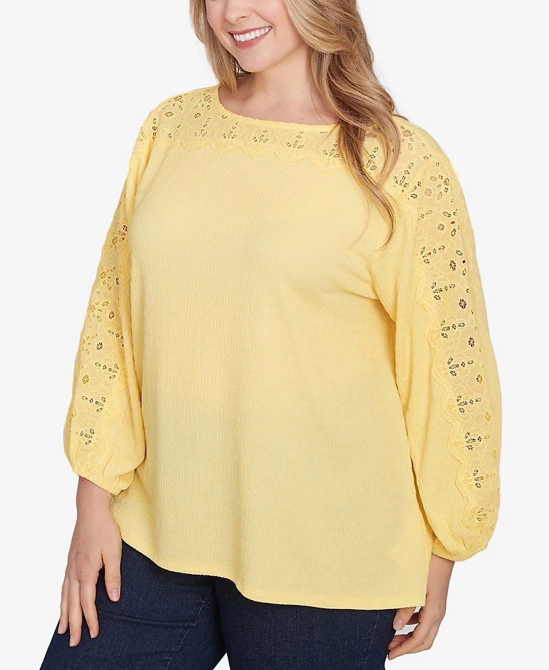 Ruby Rd. Plus Solid Textured Eyelet 3/4 Sleeve Top