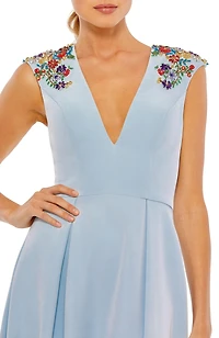 Mac Duggal Women's Beaded Cap Sleeve V Neck A Line Gown