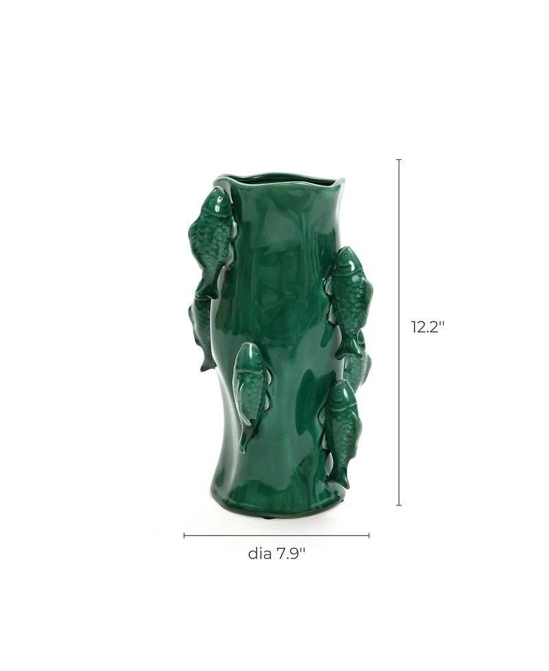 LuxenHome Marine Green Ceramic Fish 12.2-Inch Tall Vase