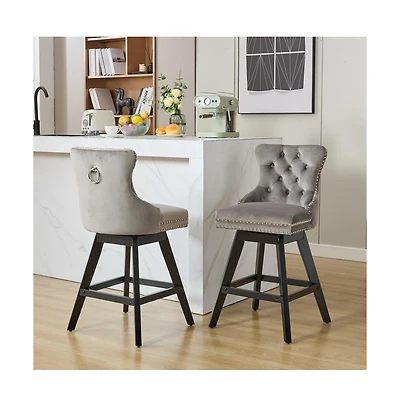 Swivel Velvet Counter Stools with Tufted Back, Nailhead Trim & Wooden Legs, Set of 2-The Pop Home