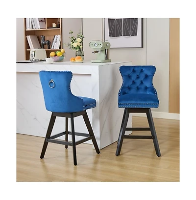 Swivel Velvet Counter Stools with Tufted Back, Nailhead Trim & Wooden Legs, Set of 2-The Pop Home