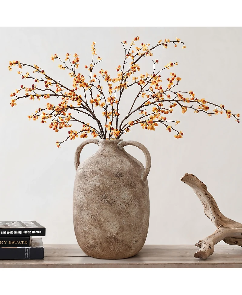 LuxenHome Marble Brown Ceramic 11.5-Inch Tall Jug Vase with Handles