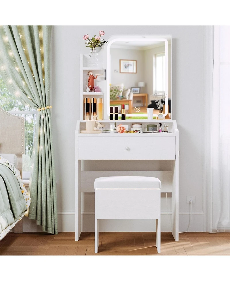 Small Makeup Vanity Desk with Mirror and Lights, Vanity Table Set with Storage Drawer, Chair and Three Shelves