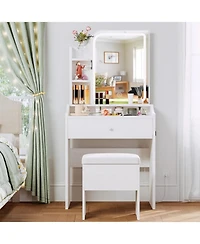 Small Makeup Vanity Desk with Mirror and Lights, Vanity Table Set with Storage Drawer, Chair and Three Shelves