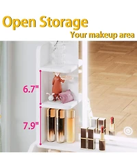 Small Makeup Vanity Desk with Mirror and Lights, Vanity Table Set with Storage Drawer, Chair and Three Shelves