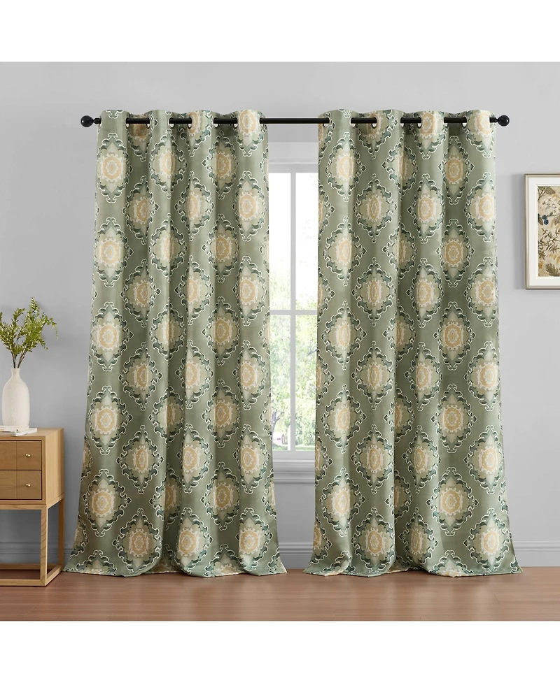 Hlc.me Liam Ogee Ikatt Damask Patterned Window Grommet Curtains Bedroom - Light Blocking Darkening Window Panels, Set of 2 (Sage Green