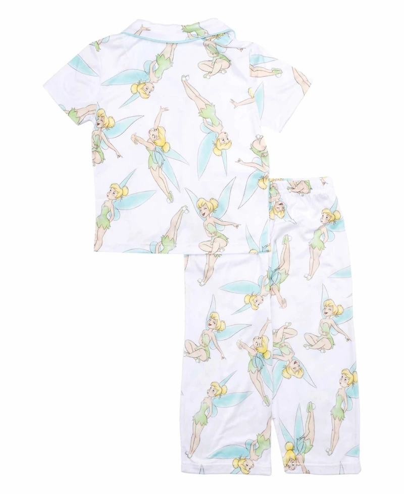 Tinkerbell Toddler Girls Short Sleeve Button Down Sleep Shirt and Open Leg Pant, 2-Piece Pajama Set