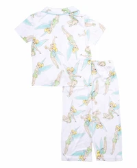 Tinkerbell Toddler Girls Short Sleeve Button Down Sleep Shirt and Open Leg Pant, 2-Piece Pajama Set