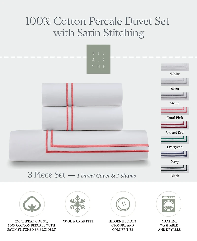 Ella Jayne Percale Satin Stitched 3-Pc. Duvet Cover Set, Twin/Twin Xl