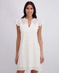 London Times Women's Ruffled Split-Neck Ruffled-Sleeve Cotton Shift Dress