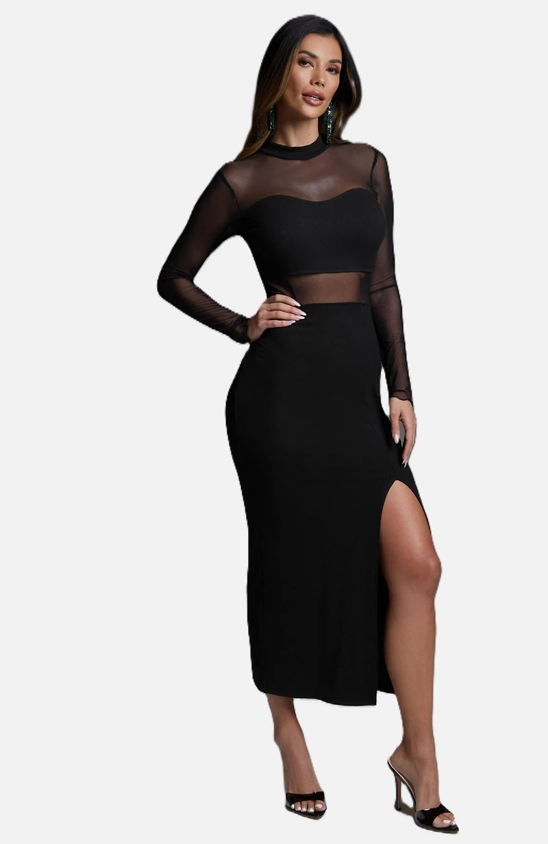 Bebe Women's Rib Mock Neck Maxi Dress with Powermesh