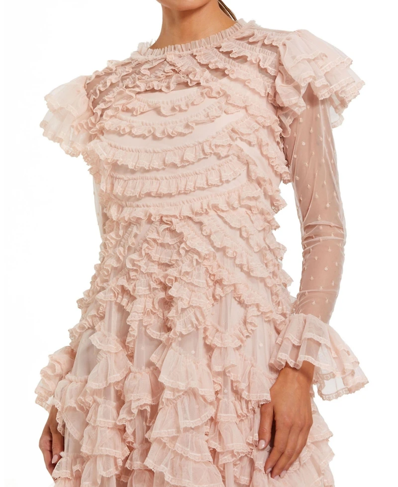 Mac Duggal Women's Dot Net Double Ruffle Trim High Neck Ankle Dress